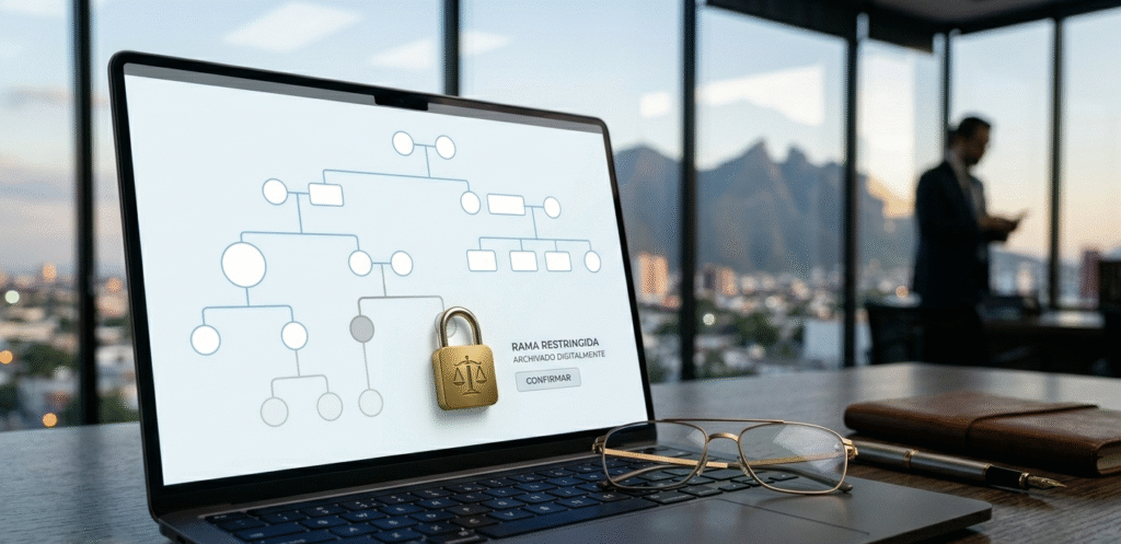 Interfaz digital de Gallegos Jurídico para la reestructuración de la patria potestad en Monterrey, destacando el control legal sobre el árbol familiar.